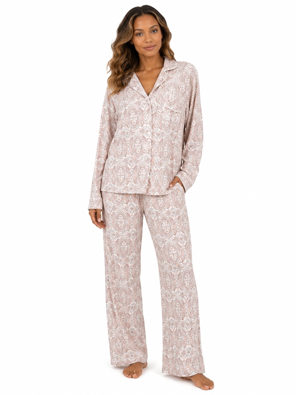 Cabernet Paisley Button-Front Pajama Set in Blush Taupe